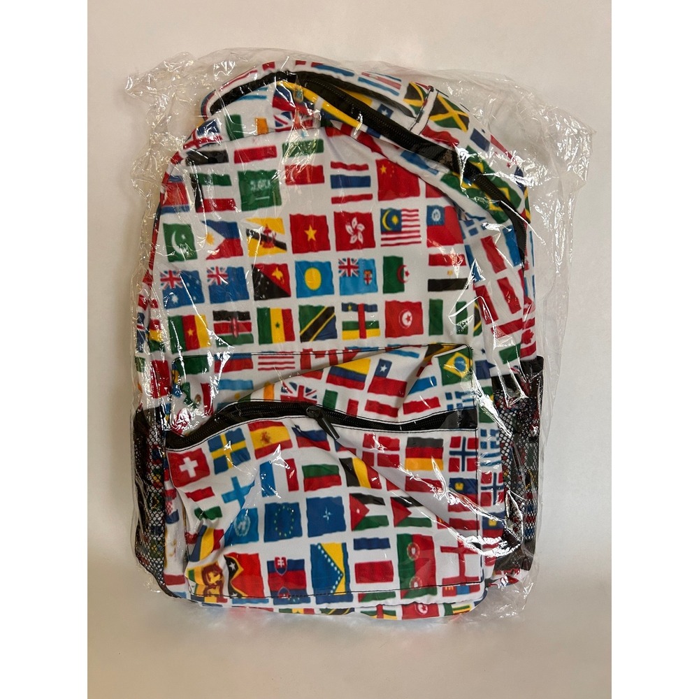 NWT World Flags Backpack Back to School International College Zipper Side Mesh